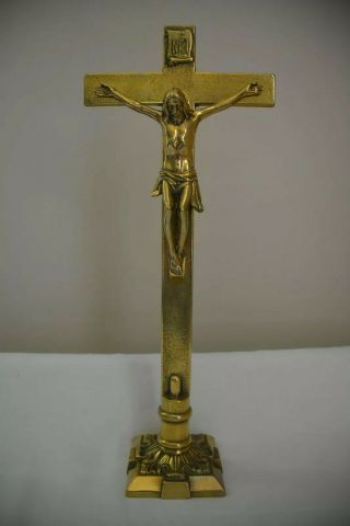 Vintage Crucifix/jesus On Cross Table Top Brass 17” Tall By 7” Wide