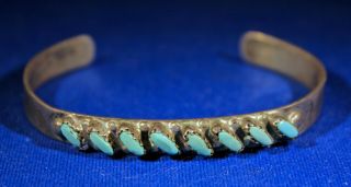 Vintage Zuni Hand Made Sterling Silver Bracelet W/ 8 Turquoise Cabochons Signed
