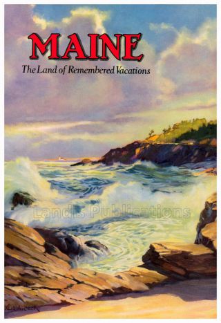 1930’s " Maine Land Of Remembered Vacations " - Ocean Scene Advertising Poster