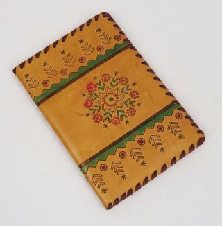 Vintage Mid Century Lithuanian Geometric Pattern Tooled Leather Notepad Cover