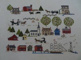Vintage Completed Counted Cross Stitch Sampler Folk Art Amish Rural Country
