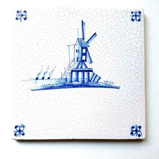 Vintage Hand Painted Windmill Ships Delft Blue & White Glazed Tile 5 1/8 "