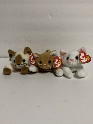 3 Vintage Ty Beanie Babies Kitten Cat Bean Plush Flip Nip Snip 1993 - 96 (bls)