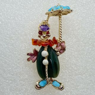 Signed Swoboda Vintage Circus Clown Brooch Pin Jade Turquoise Quartz Jewelry