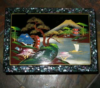 Vintage Black Lacquer & Abalone Shell Music Jewelry Box Music Plays