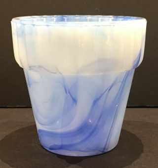 Vintage Akro Agate Flower Pot Ribbed Top 2.  25 " Translucent Blue White Planter