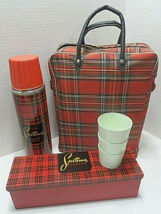 Sportsman Vintage Red Plaid Picnic Set Bag Thermos - Food Tin - Cups - Camp Cabin