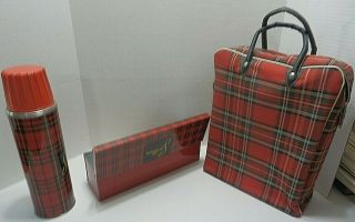 SPORTSMAN Vintage Red Plaid PICNIC SET BAG Thermos - Food Tin - Cups - Camp Cabin 2