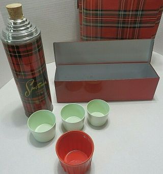 SPORTSMAN Vintage Red Plaid PICNIC SET BAG Thermos - Food Tin - Cups - Camp Cabin 3