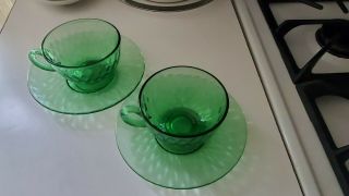 Vtg Federal Green Vaseline Uranium Depression Glass Tea Cup Saucer Set Of 2