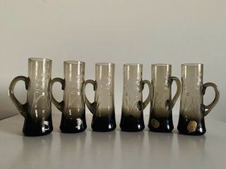 Set Of 6 Vintage Bohemian Czech Glass Etched Shot Glass Shooter Liqueur Cordial