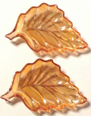 Carnival Glass Marigold Color Leaf Shaped Relish Nut Candy Dish Vintage Set Of 2
