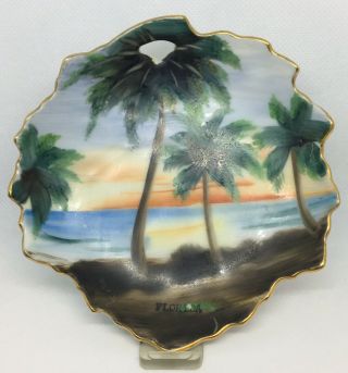 Vintage Souvenir Florida Fl Leaf Shaped Dish Plate Hand Painted Japan Palm Trees
