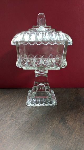 Vintage Mini Clear Glass Square Pedestal Compote Candy Dish With Lid Wedding Box
