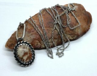 Vintage Navajo Native Sterling Silver Petrified Wood Small Pendant 20” Necklace
