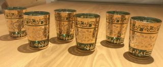 Vintage Mid Century Crown Green Gold Emboss Tea Glass Tumbler Boxed 6 - Piece Set