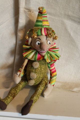 Vtg Ooak Handmade Cloth Jester Clown Style Doll Hand Painted Face 9 " Jointed