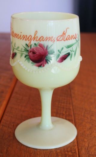 Antique Custard Glass Souvenir Stemmed Goblet - Birmingham Kansas Ks.  W/rose