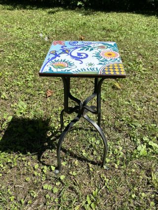 Vintage Plant Stand With Colorful Tile Top Wrought Iron Side Table Garden Decor