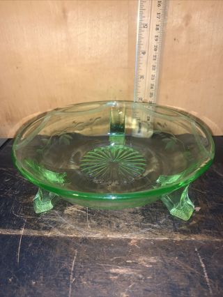 Vintage Green Depression Vasoline Glass Footed Compote Candy Dish Etched.