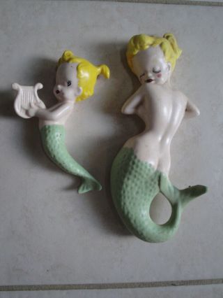 Vintage Set Of Ceramic Mermaid & Merbaby Wall Plaques.