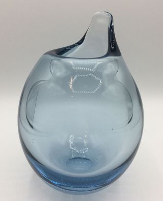 Vintage Signed Holmegaard Denmark Blue Art Glass Vase With Raised Lip