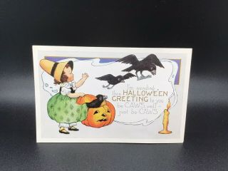 Vintage Whitney Made Halloween Postcard Children Pumpkin Crows Embossed