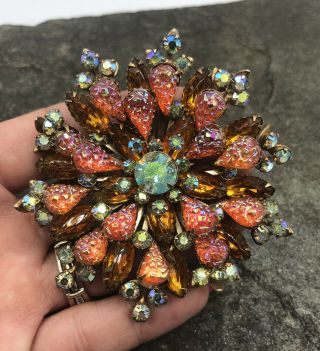 Vtg Unique Orange & Ab Glass Rhinestone Figural Flower Brooch