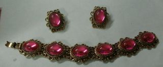 Vintage Gold Tone Filigree & Pink Lucite Cabochons Bracelet & Clip Earrings