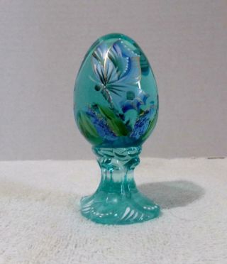 Vintage Fenton Aquamarine Glass Hand Painted Egg - Numbered And Signed - Perfect