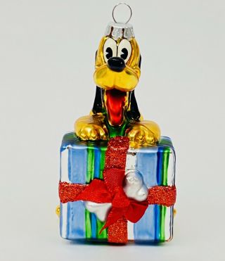 Rare Disney Pluto With Gift Blown Glass Christmas Ornament Vintage 3.  75”