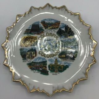 Vintage Colorful Colorado Attractions Souvenir Mini Plate Trinket Dish Gold Rim