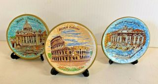 Vintage Rome Souvenir Terra Cota Mini Souvenir Plates Set Of 3 W/ Stands Italy