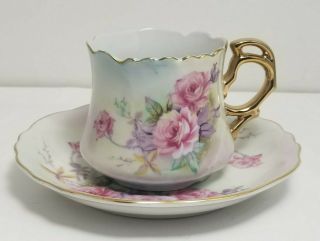 Vintage Lefton China Heritage Rose Blue Tint Hand Painted Cup & Saucer