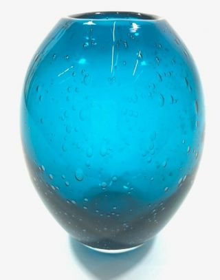 Vintage Art Glass Blue Bubble Mid Century Vase.  Blenko?