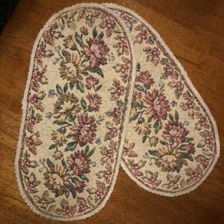 Vintage Belgium Tapestry Doilies Set Of 2 Old World Floral On Tan 5 " X11 " Ovals
