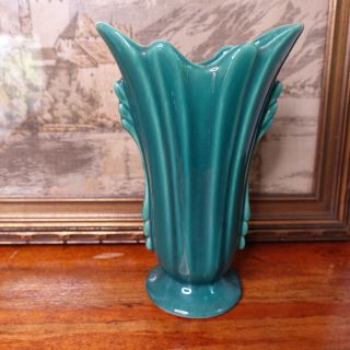 Vtg Large Usa Pottery Teal Green American Art Pottery Deco Tall Flower Vase 8.  5 "