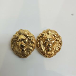 Vintage Lion Head Pierced Earrings Gold Tone