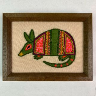 Vintage Stitchery Framed Armadillo Green Pink Mid Century 1974 Crewel Embroidery