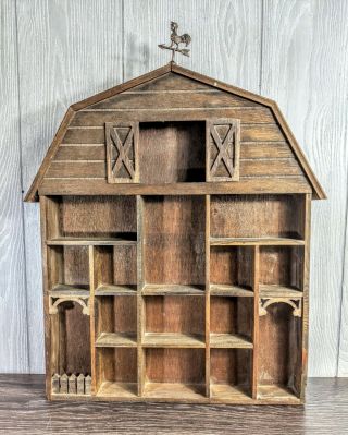 Large Barn Shaped Vtg Wooden Mini Curio Trinket Knick Knack Display Shelf