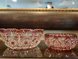 Set Of Two Vintage Cranberry Red Cut To Clear Glass Crystal Cranberry Bowls.