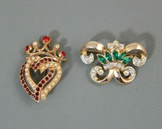2 Pc Vintage Coro Faux Pearl & Rhinestone Crown Brooches Pins