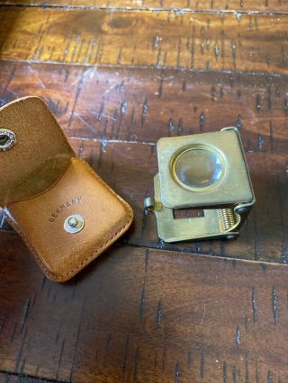Vtg Small Brass Spring Open Folding Magnifying Glass Germany Loupe Leather Case
