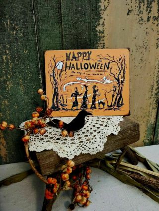 Primitive Victorian Vintage Style Halloween Witch Trick Or Treaters Sign Canvas