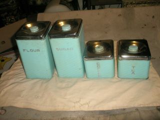 Vintage Lincoln Beauty Ware Turquoise Blue Canister Set