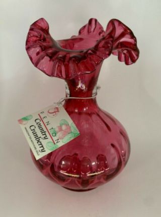 Vintage Fenton Red Country Cranberry Ruffle Trim Dot Vase Bowl