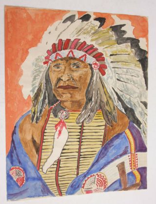 Red Cloud Sioux Chief Portrait - Watercolor Painting 12x15 " Vintage A01j