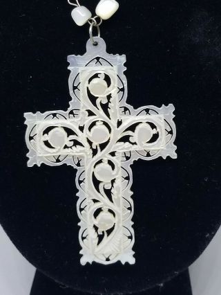 Vintage Carved Mother Pearl Mop Cross Necklace Made In Jerusalem