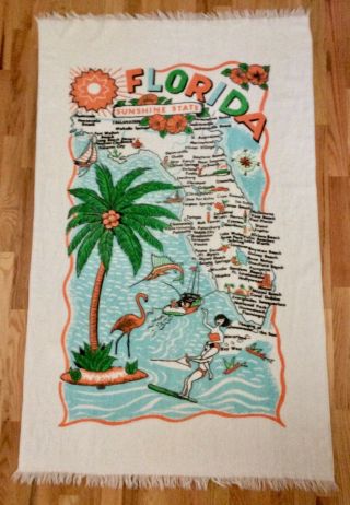 Vintage Fl Fringed Beach Towel 1970s Florida State Map Flamingo Palm Tree Boat