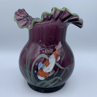 Vintage Amethyst Ruffled Fenton Glass Vase Hand Painted Koi Fish Signed